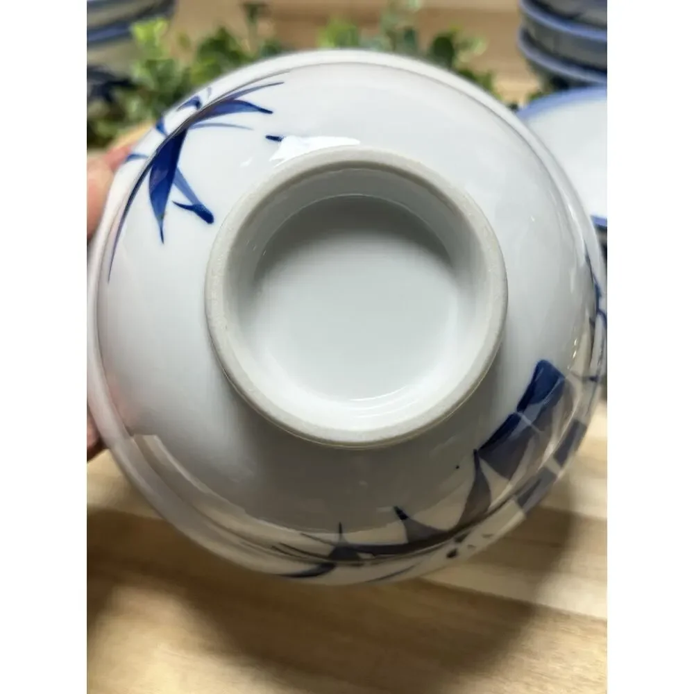 Set/12 Vintage Chinese Porcelain Rice Bowls Blue‎ & White Bamboo Motif 6 LG 6 SM
